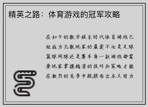 精英之路：体育游戏的冠军攻略